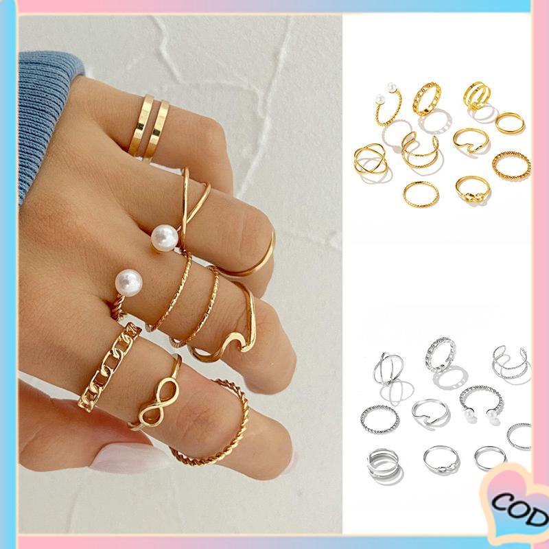 COD❤️10 Buah Set Wanita Kreatif Sederhana Manik-manik Ganda Cincin Gabungan Geometri Gelombang Mutiara-A.one