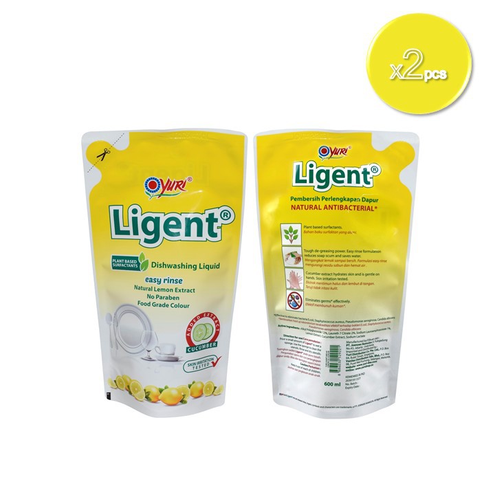 Yuri Ligent  Cairan Cuci  Piring  Lemon Pouch 600 ml x 2 