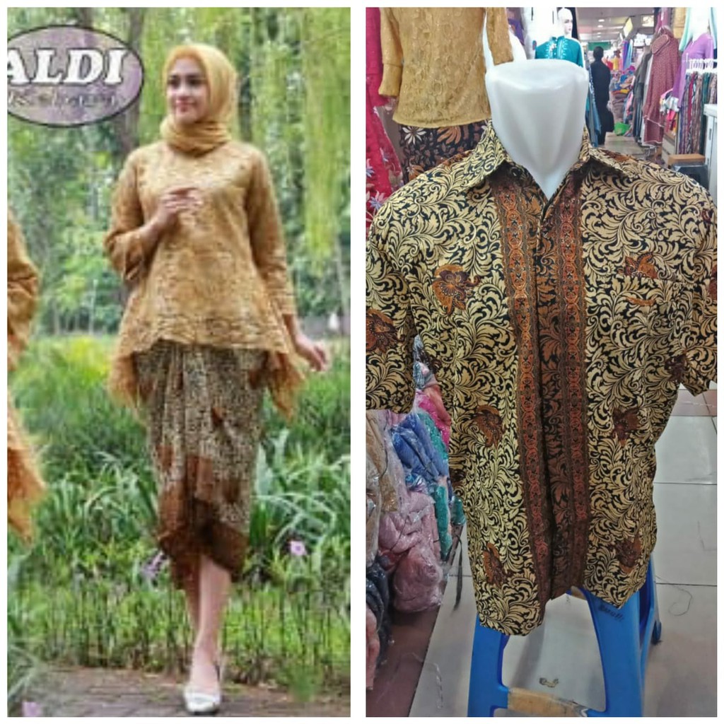 busana wanita dan pria set couple kebaya bianca batik lilit dan kemeja batik lengan pendek