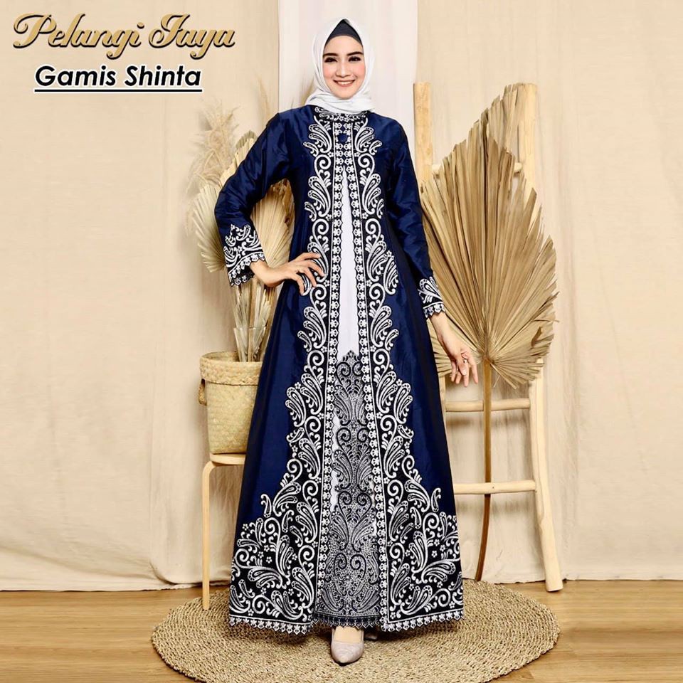 Kebaya Modern Gamis Shinta Taffeta Navy Bordir Combi White Elegant