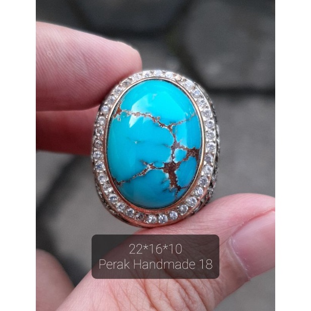 Natural Pirus Mesir Blue Fancy Serat Merah Ceplok Kuro Jenong Ring Perak Handmade
