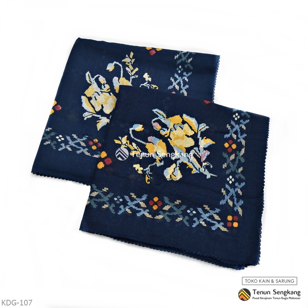 Jilbab Hijab Kerudung Motif Bunga Lagosi Bugis Voal Premium Segiempat Biru Navy - Tenun Sengkang KDG