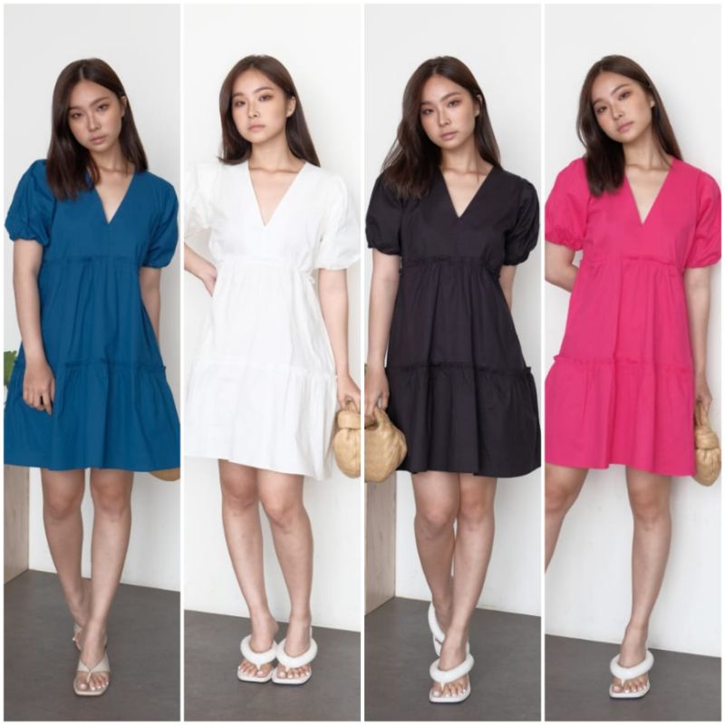 ⚡️ CLEARANCE SALE ♡ PREMIUM ♡ ORIGINAL ! ALLEA PLAIN V-NECK RUFFLE LAYER MINI FLARE  DRESS