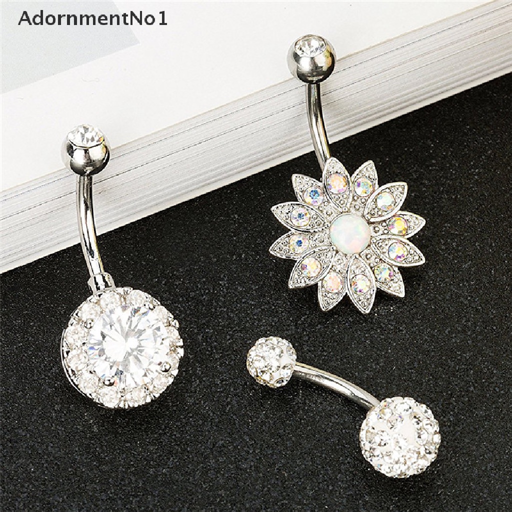 (AdornmentNo1) 3pcs / Set Cincin Tindik Pusar Bahan Stainless Steel Hias Kristal Opal Untuk Wanita