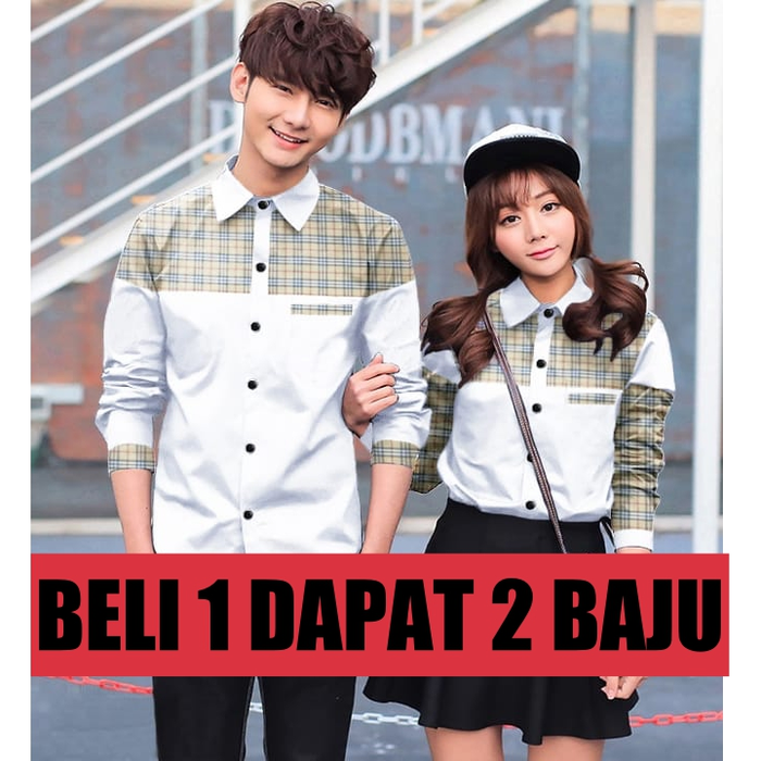 Best Seller - Kemeja Couple/Kemeja Pasangan/Baju Couple/Baju Pasangan Burberri - Putih