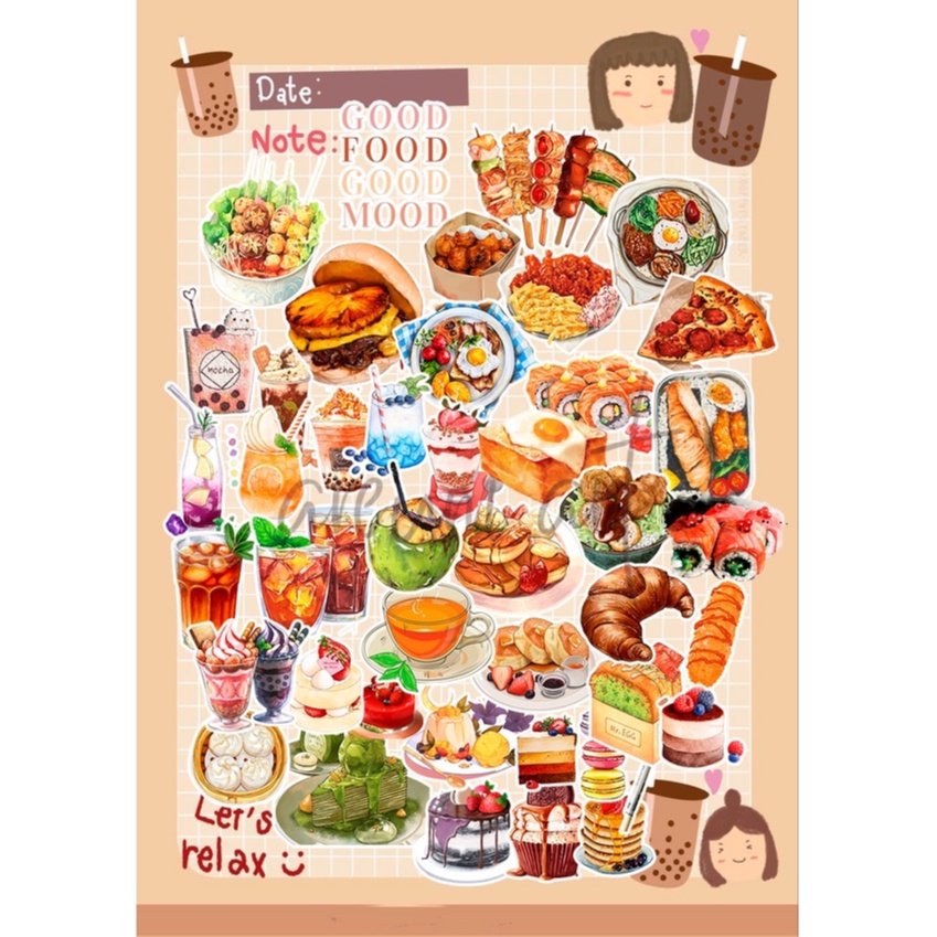 

50PCS Sticker Food Aesthetic Cute Label untuk Scrapbook Tumblr Laptop Alat Tulis Jurnal HP