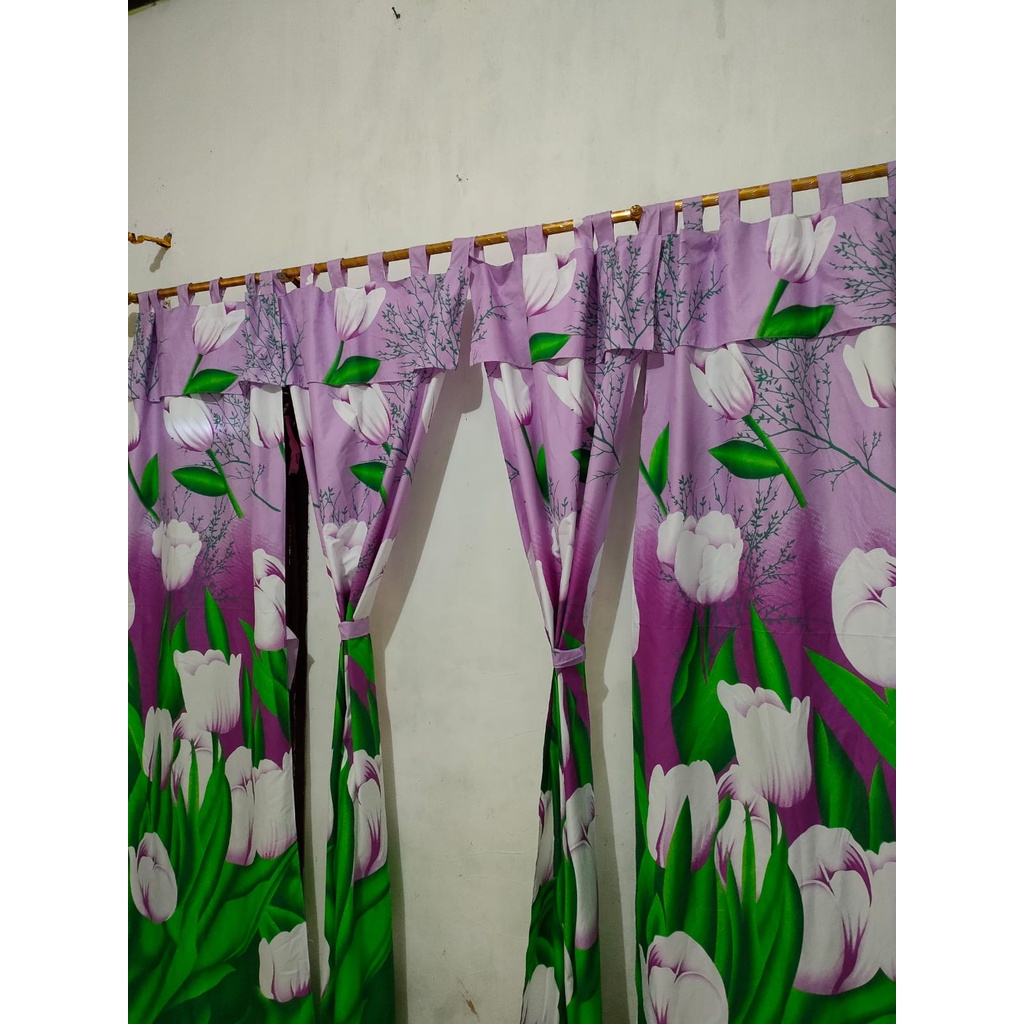 Gorden Pintu Tali Motif Bunga Tulip Ungu | Hordeng Pintu & Jendela | Katun Tebal | Bisa COD