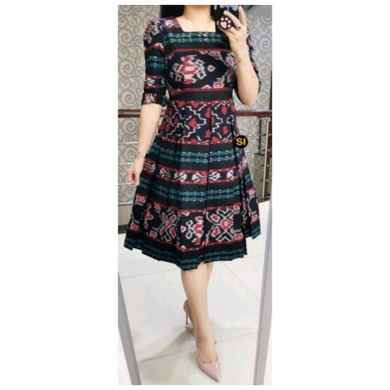 DRESS AUDRI TENUN HITAM HIJAU - DRESS TENUN ETNIK JEPARA - DRESS TENUN KEKINIAN - DRESS KOREAN STYLE