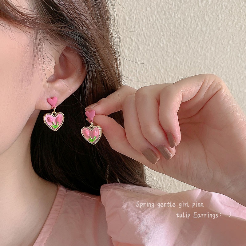 Anting Drop Bentuk Bunga Hati Warna Pink Untuk Wanita