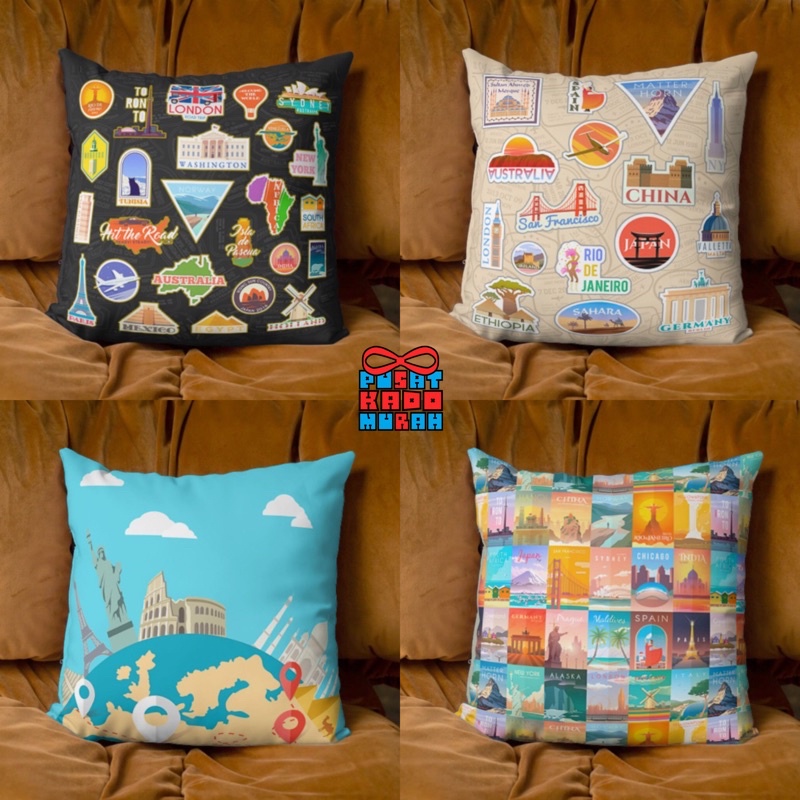 Bantal Sofa Travelling World Landmarks 40x40 cm - Pusat Kado Murah