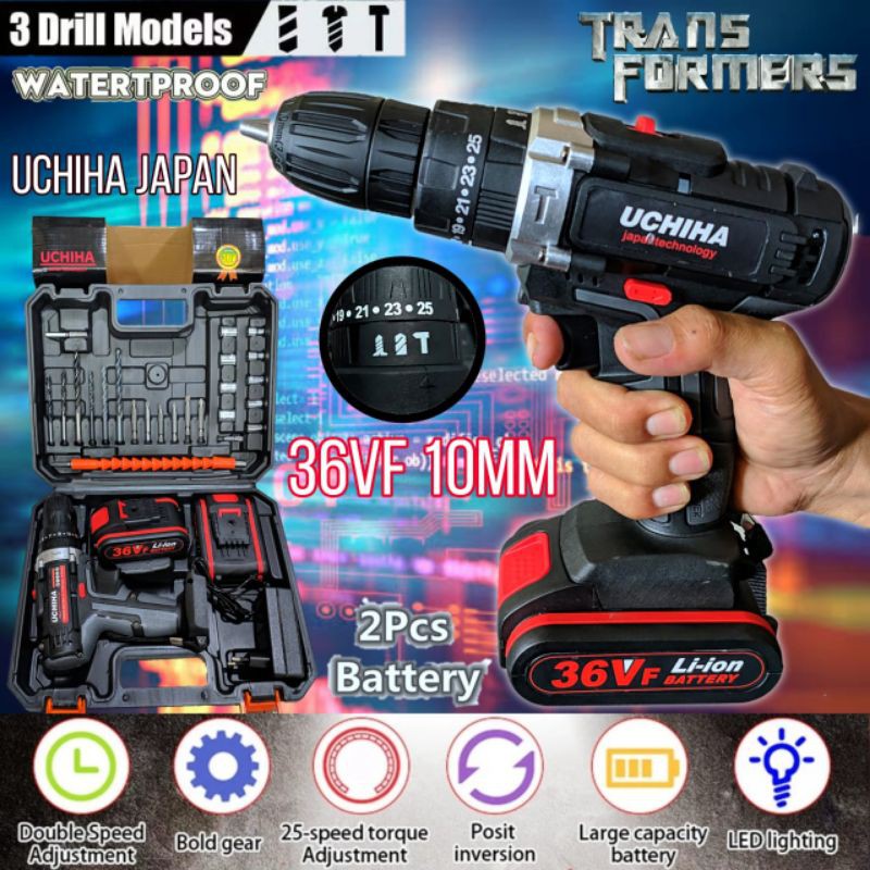 Promo Impact Driil Baterai 36volt 25torsi Cordless Uchiha Japan 10mm Kayu Besi Tembok Original