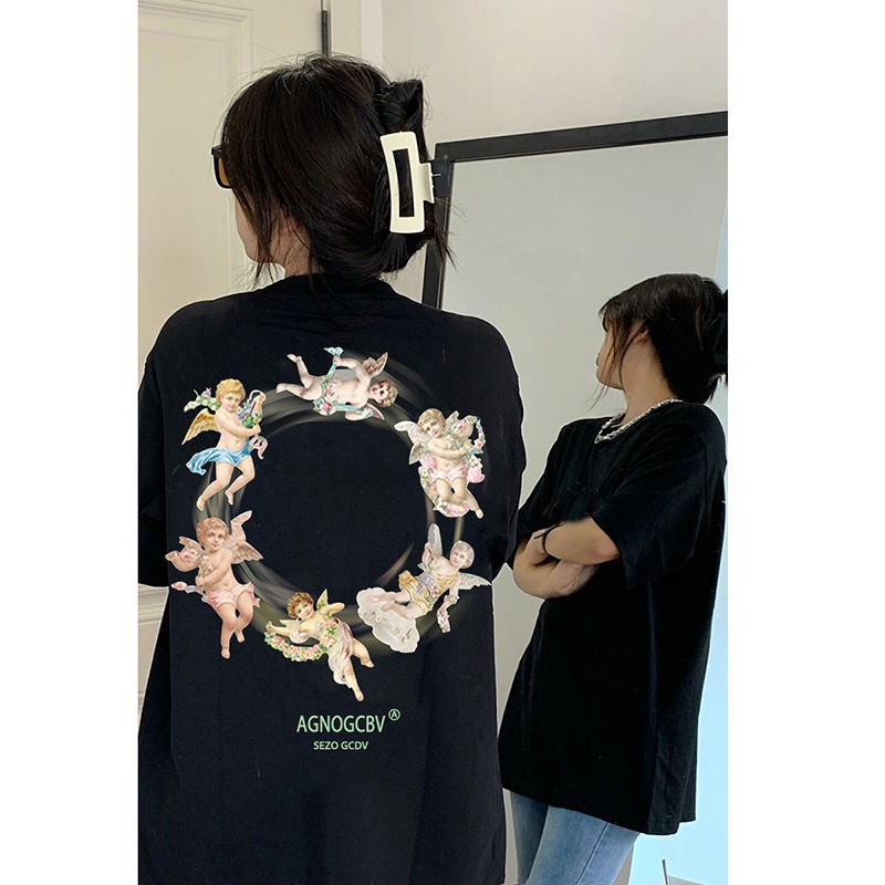 EUNII T-shirt Lengan Pendek Dewa Asmara Pencetakan Longgar Korean Style/Kaos Atasan Wanita/Baju Kaus Oversize Wanita