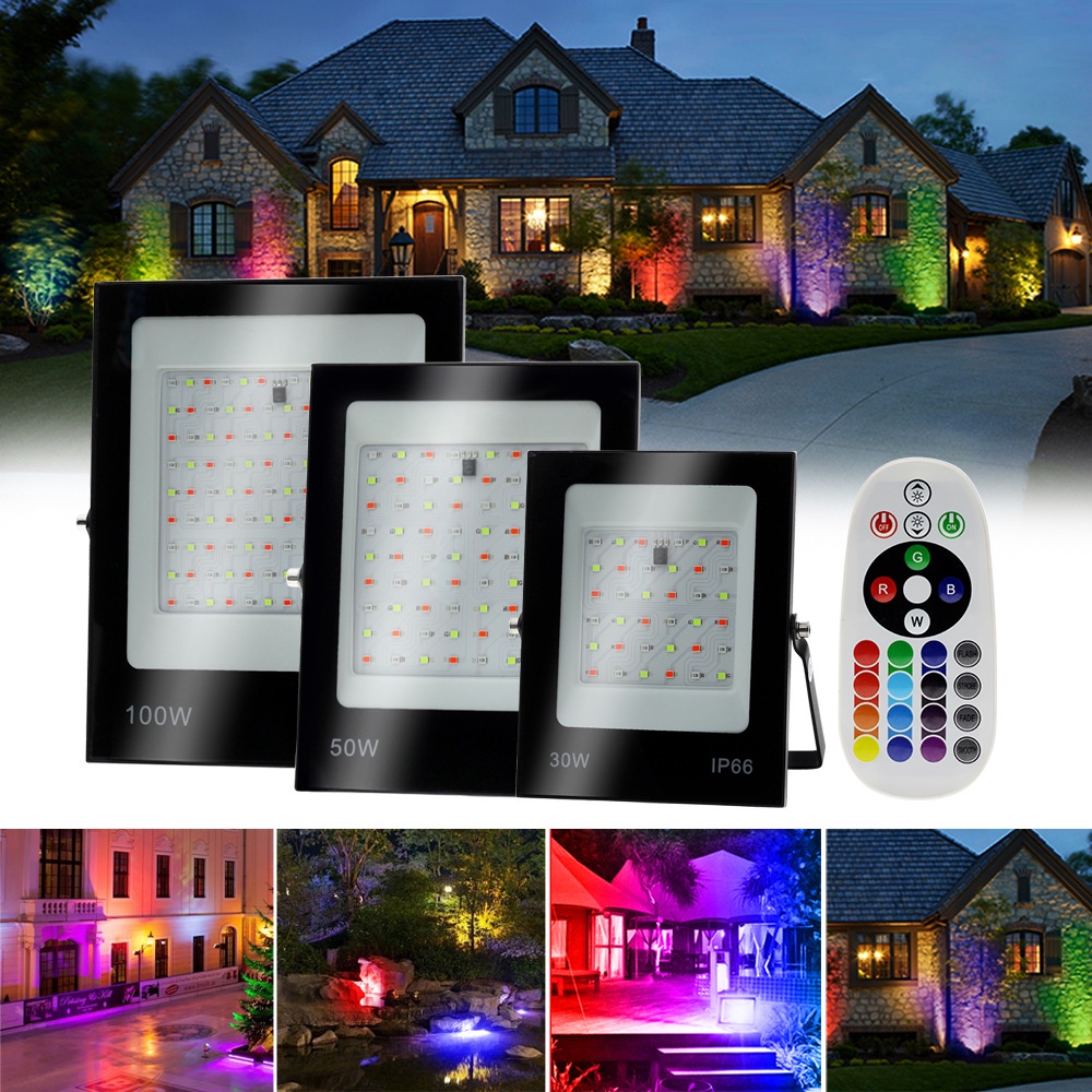 Lampu Sorot Gedung RGB + Remote 220V 50W 100W 30W Multi Warna Flood Floodlight Spotlight RGB Taman garden Untuk penerangan Arsitektur Landscape Modern Lampu taman Air Mancur waterfall Bangunan tower building Jembatan Jalan with colorful light