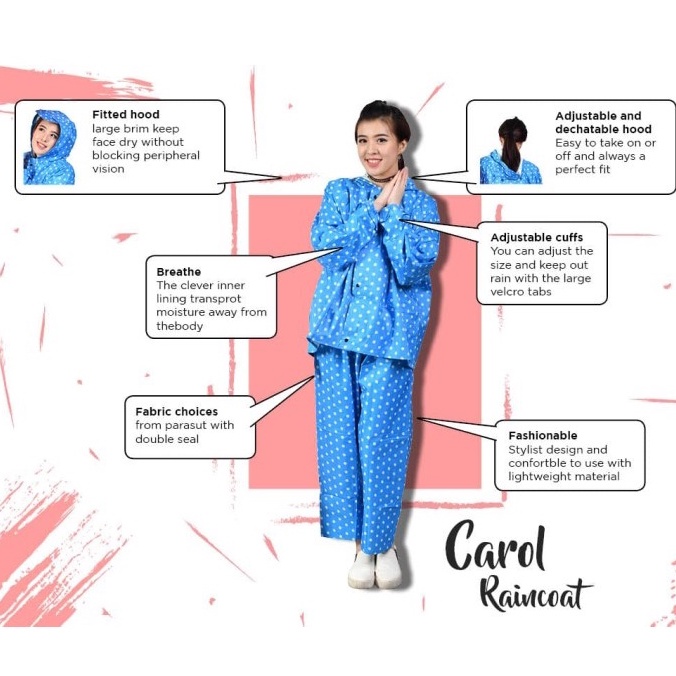 Jas Hujan Wanita Setelan Jaket Dan Celana Polkadot Carol Parasut Raincoat