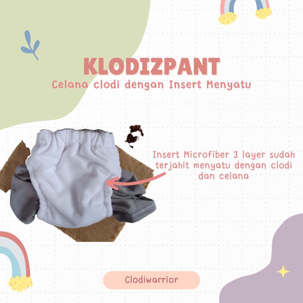 Klodiz Pant Clodi Insert Celana Menyatu Siap Pakai Popok Kain Cuci Ulang Ukuran K/S BB 5-11 kg