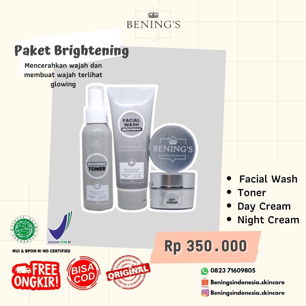 BENINGS SKINCARE BY DR.OKY PRATAMA PAKET BRIGHTENING, PAKET PENCERAH DAN GLOWING, BPOM ,