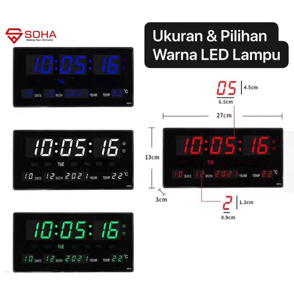 Jam Digital LED Besar Bisa di Dinding / Meja Fitur Jam Hari Tanggal Kalender Alarm Weker Smart Watch Tampilan Jelas Tipe 2613 3615 4622