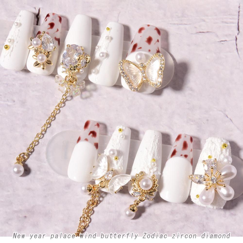 Needway   Kuku Seni Dekorasi Pesona DIY Beruang Liontin Tahun Baru Berlian Shiny Pearl Bow Nail Chains Jewelry