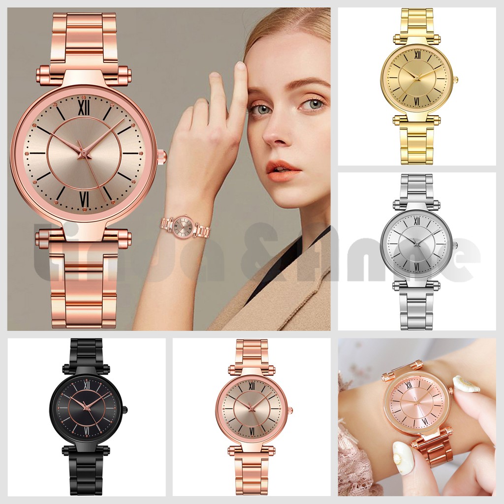 Jam Tangan Quartz Analog Dial Bulat Casual Strap Stainless Steel Untuk Wanita Import