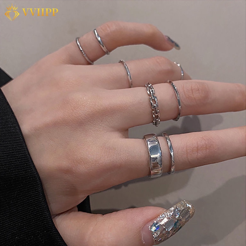 7pcs / Set Cincin Rantai Emas Model Hollow Terbuka Bahan Alloy Untuk Wanita