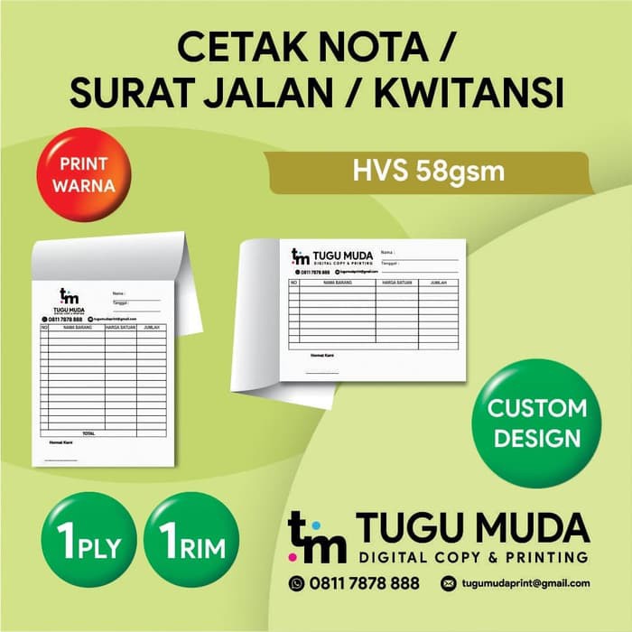 Cetak Nota, Karcis, Kwitansi-1PLY-HVS 58gr-1RIM (FULL WARNA/COLOR)
