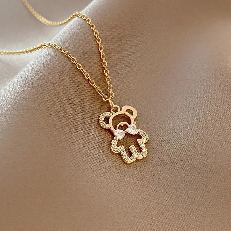 Fashion Necklace Jewelry Newest Alloy Gold Zircon Bowknot Rhinestone Bear Pendant Necklace