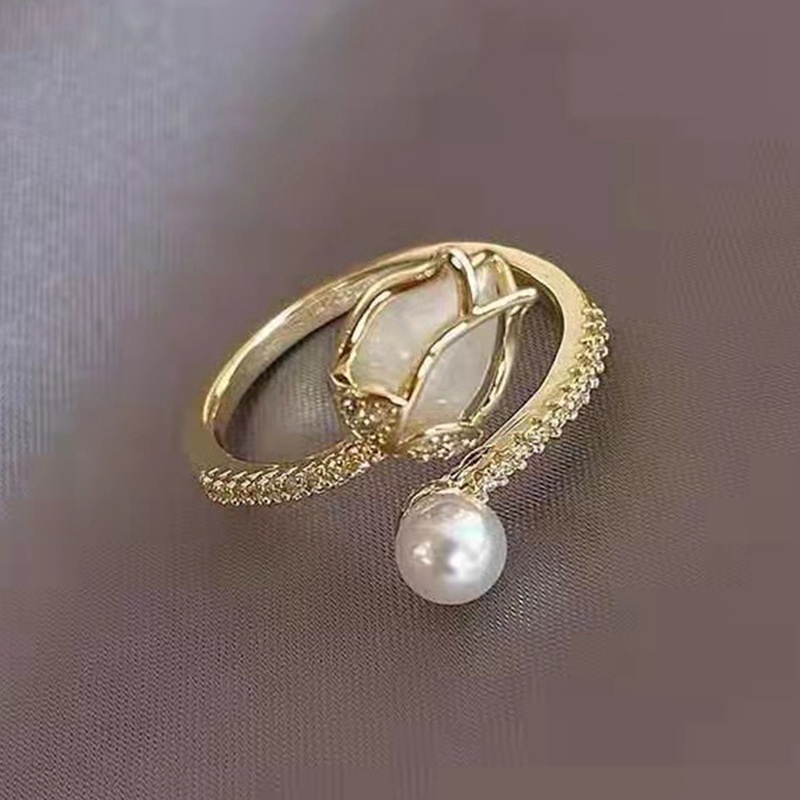 Cincin Model Terbuka Desain Bunga Tulip Aksen Mutiara Untuk Wanita