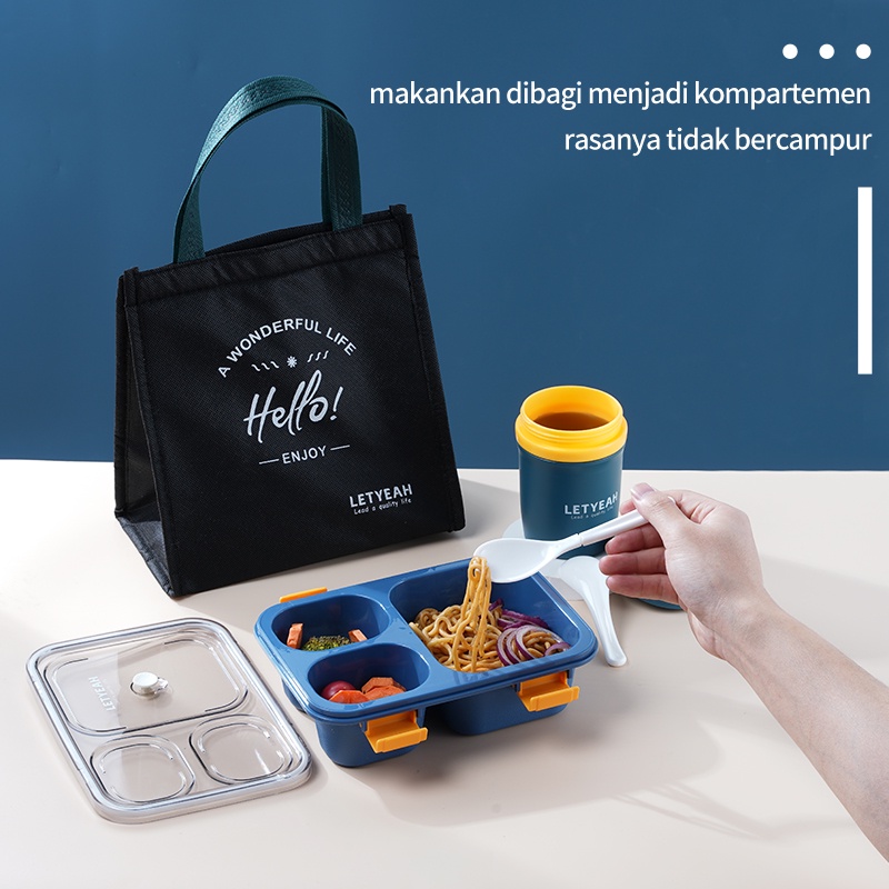 Letyeah &amp; Kaizenliving 3 grid kotak makan set tas Cangkir sup anti tumpah / Cutlery Set portable