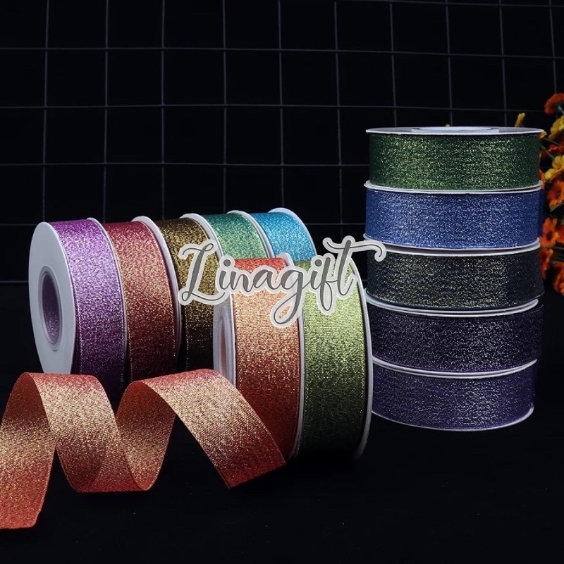 ( Rol 20 Yard ) PITA METALLIC GLITTER 1 IN ( 2.5 CM ) 1 INCH METALIC GLITTER - PITA METALIK GLITER - HIASAN KADO NATAL / PARCEL HAMPERS SOUVENIR MERAH BIRU UNGU HITAM / RED PINK BLUE PURPLE - FANCY SILVER SHINY GLOSSY