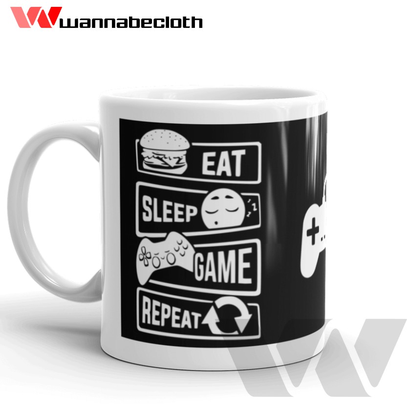 Gelas Mug Souvenir Mug Unik Custom Hobi Gamer Game Eat Sleep Game Repeat Hitam