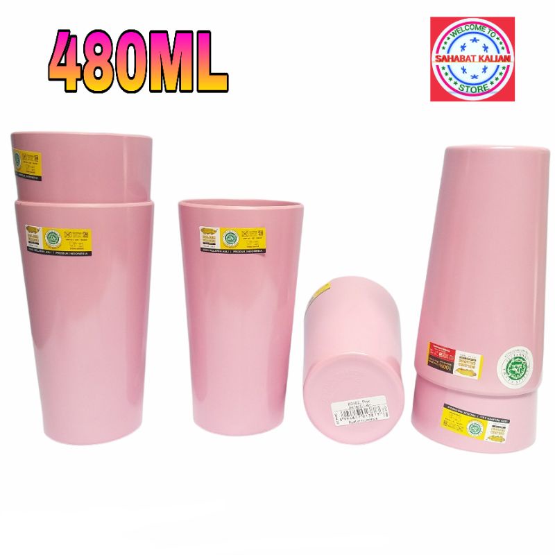 (6 PCS) GELAS MELAMIN RATA BESAR GOLDEN DRAGON B0402 PINK 480ML