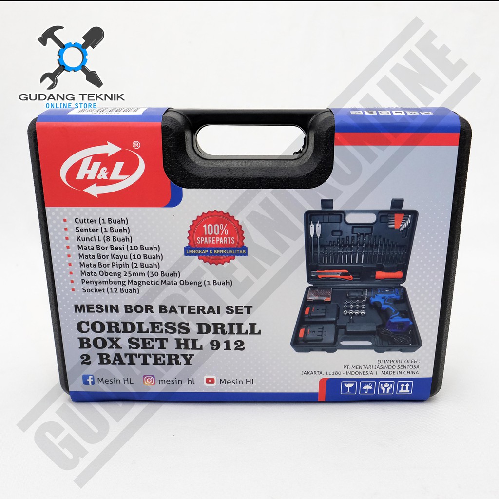 Mesin Bor Baterai 18V Set Cordless Drill Box Set HL 912 - 2 Battery 18 volt