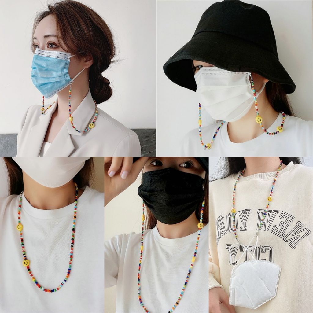 Color smiley face mask rope anti-drop color chain rice beads glasses chain mask extension belt anti-lost necklace -OW-