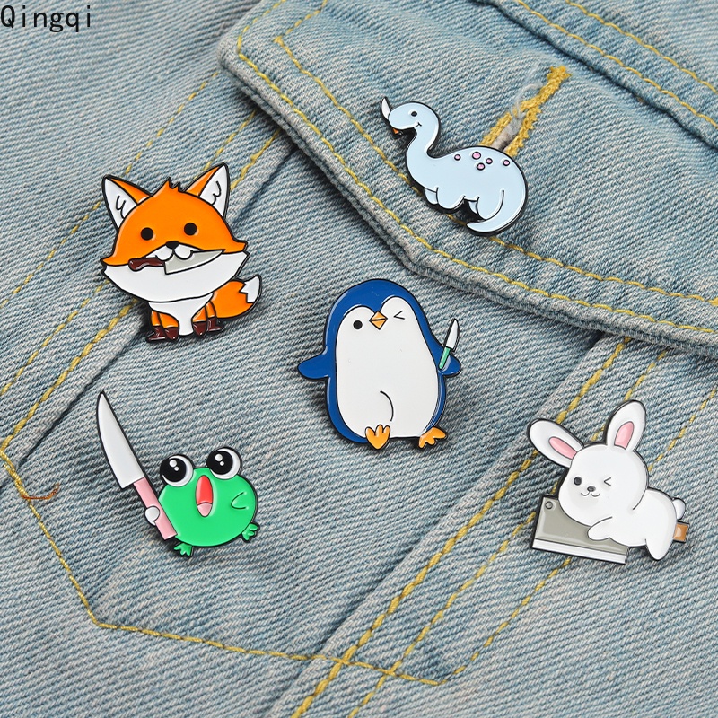 Bros Pin Enamel Desain Kartun Hewan Kelinci Penguin Katak Rubah Untuk Hadiah Anak