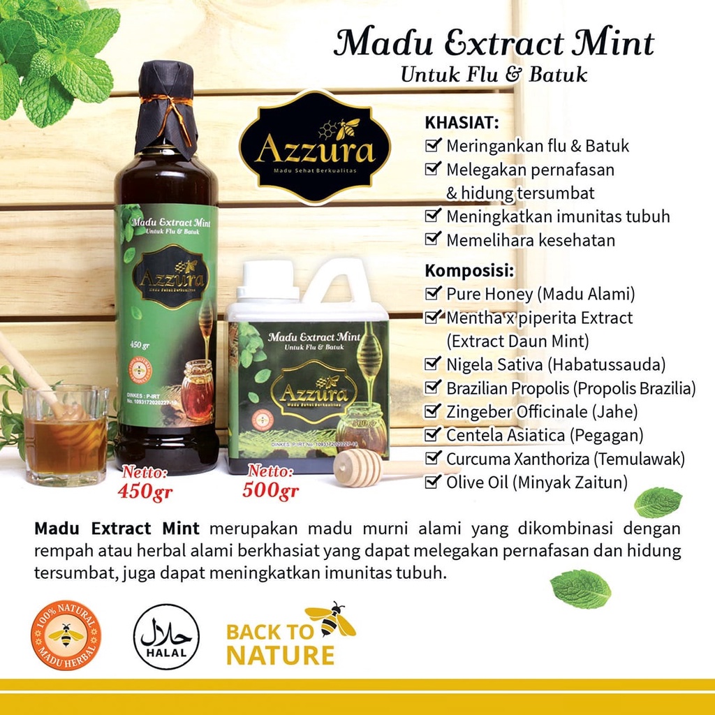 Madu Extract Mint Madu Herbal Azzura | Madu Flu Batuk Pernafasan dan Hidung Tersumbat [ 300/450/500 gram ]-3