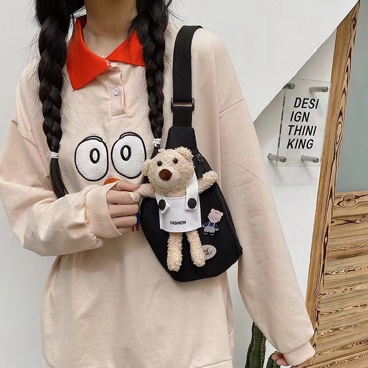 TAS PINGGANG WAIST BAG SELEMPANG KANVAS IMPOR BONEKA BEAR LUCU 6611