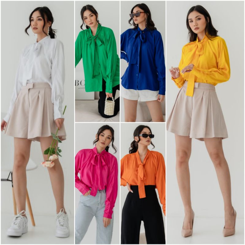 ⚡️CLEARANCE SALE ♡ PREMIUM ♡ ORIGINAL ! CATNISS BIG SIZE LONG SLEEVE NECK TIED PLAIN BUTTON SHIRT / ATASAN KEMEJA LENGAN PANJANG POLOS JUMBO ADEM ( BUSUI FRIENDLY )