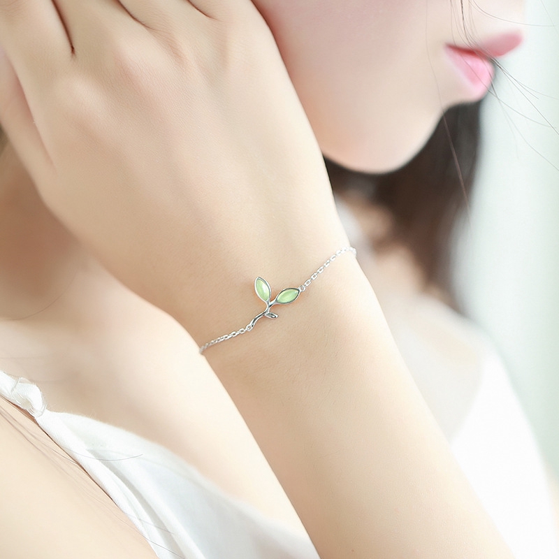 Gelang Tumpuk Bracelet Daun Opal Daun Muda Rantai Perak Versi Korea Perhiasan Bracelets Jewelry