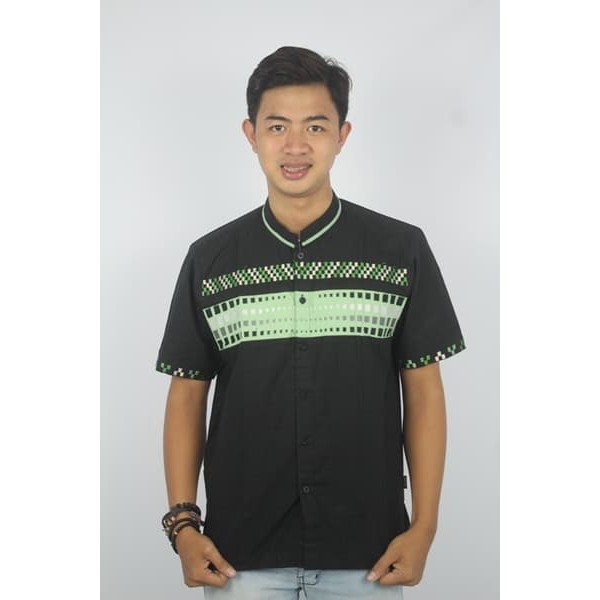 MY BAJU KOKO PRIA MOTIF BORDIR KODE AD126 HITAM LIST HIJAU MUDA