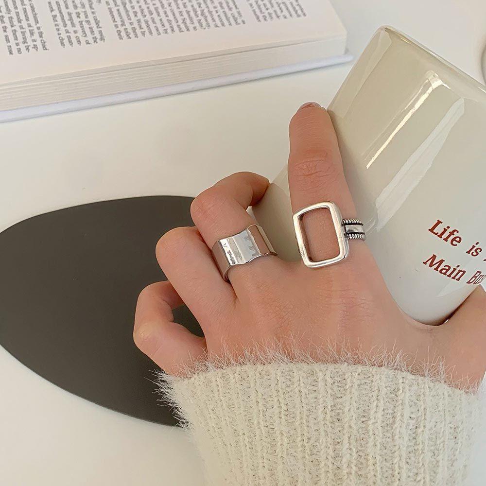 Mxbeauty Wanita Pembukaan Cincin Elegan 2Pcs/set Tidak Teratur Warna Perak Kepribadian Temperamen Geometris