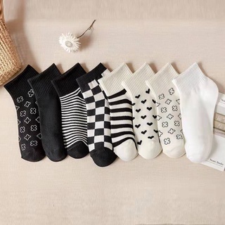 GO!KK812 Kaos Kaki Wanita Pria Pendek Unisex Semata Mata Kaki Ankle Motif Kotak-Kotak Garis hitam Putih Socks Korean