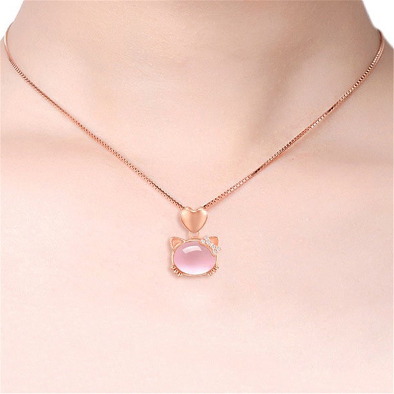 [Ready Stock]Fashion Inlaid Pink Crystal Cat Heart Pendant Necklace