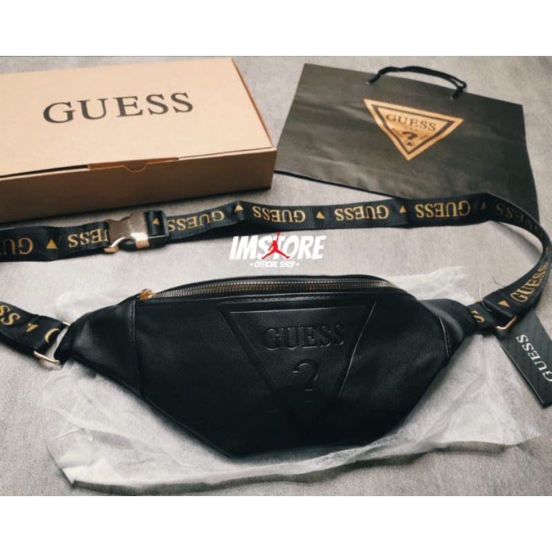 WAIST BAG GUESS FREE BOX N PAPERBAG/ WAISTBAG GUESS BLACK GOLD FULLSET