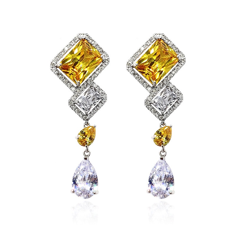Retro Crystal Eardrops Inlaid Yellow Gem Square Moissanite Sterling Silver Needle
