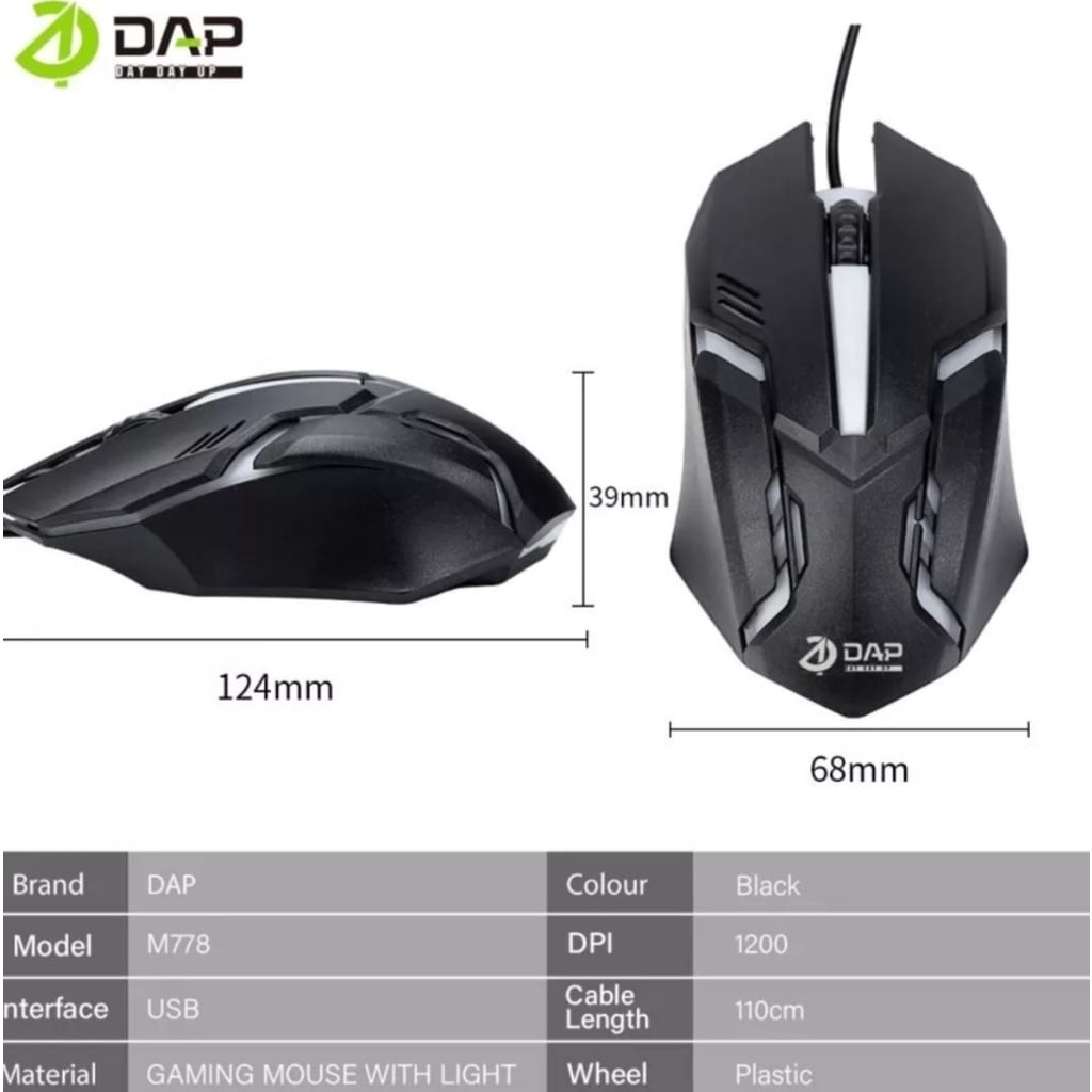 Mouse Gaming Kabel USB Wired DAP M778 ORIGINAL USB LED With Light RGB 1200DPI-Mouse Gaming-Gamers Untuk PC Komputer-Laptop-Windows,Linux,Mac Os