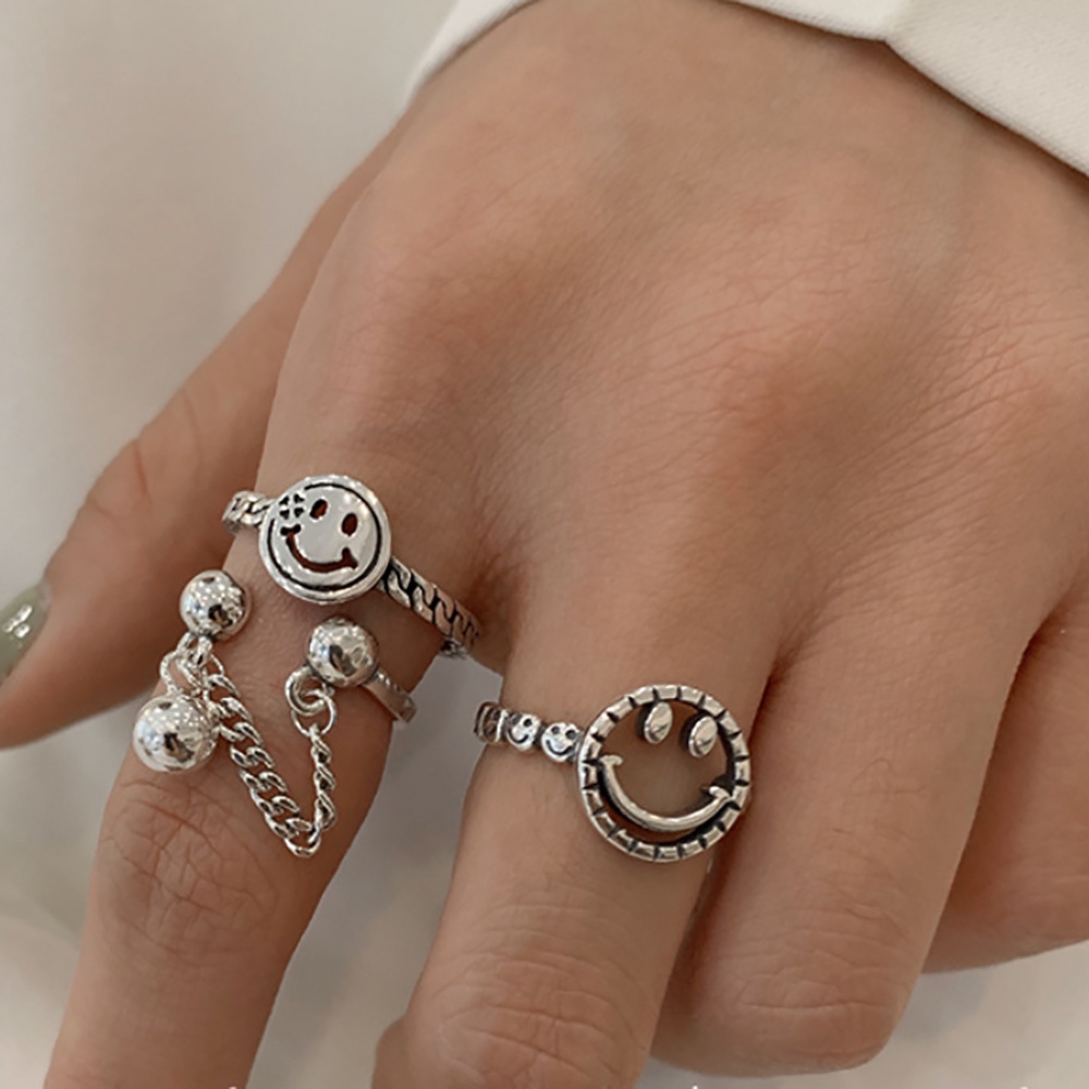 Needway  Personality Chain Ring Hollow Fashion Jewelry Smiling Face Ring Women Party Gift Alloy Adjustable Girls Vintage Finger Ring