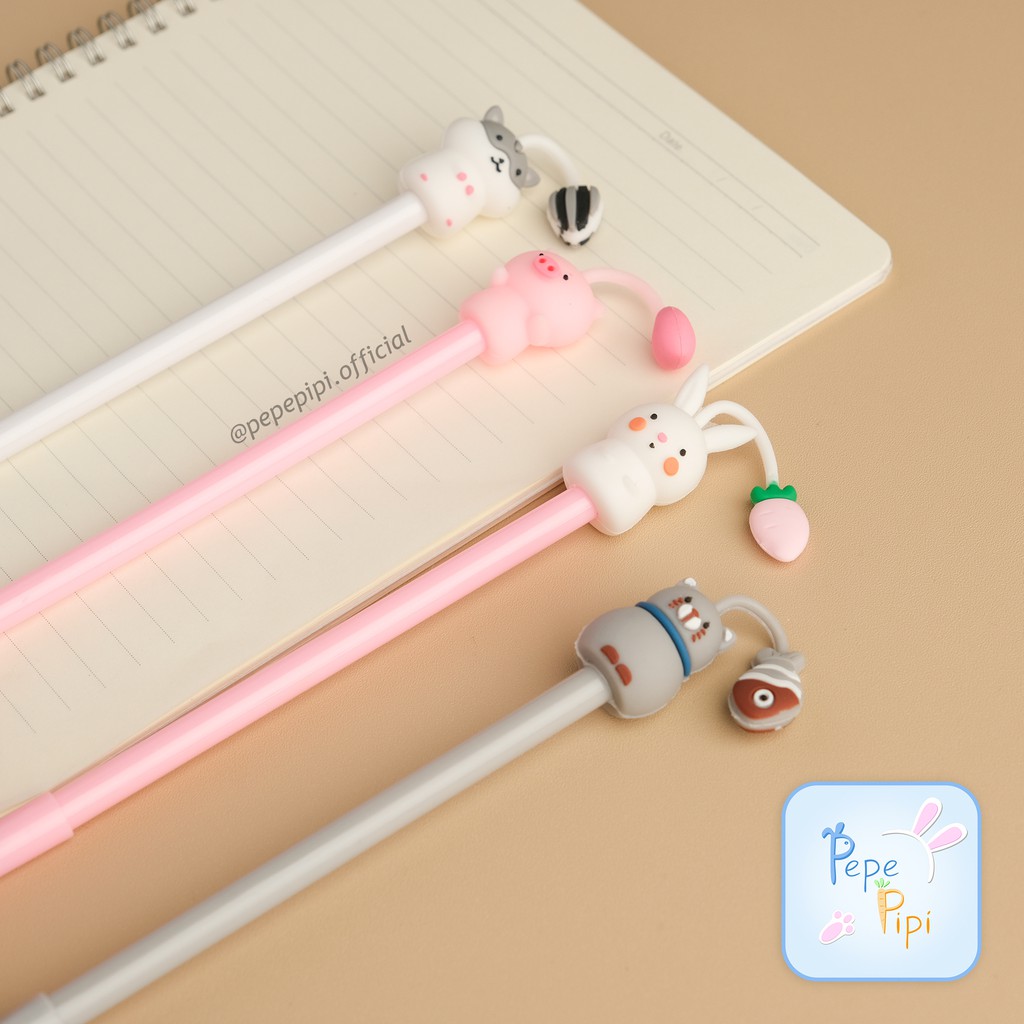 4 &amp; 12 pcs Pena Hamster Kelinci Bolpen Pen Pulpen Gelpen Karakter Murah Lucu Selusin Kucing Babi