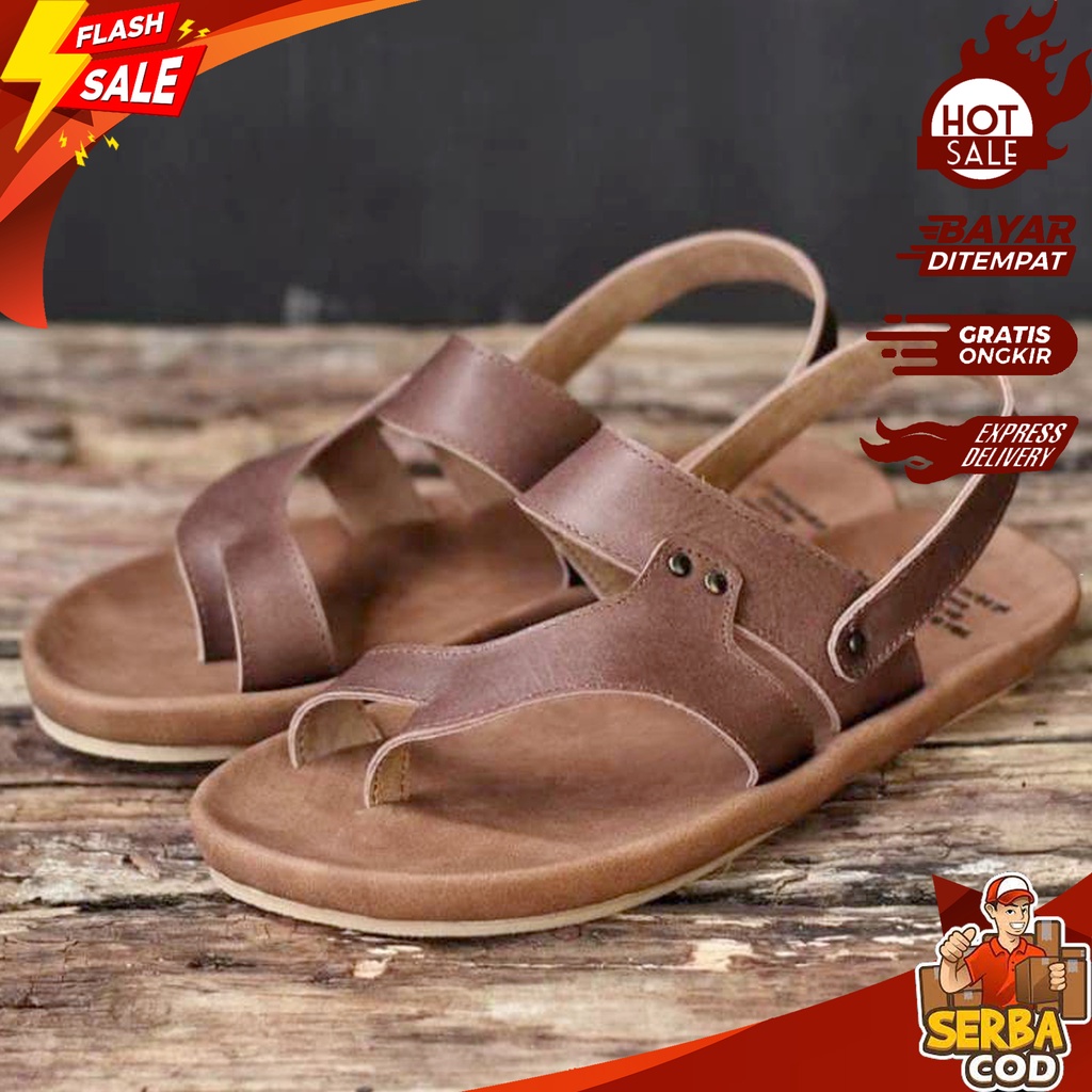 RIOTS BROWN - Sandal Kulit Asli Casual Pria Temali Jepit Gunung Original Terbaru Kekinian 2022 Trend