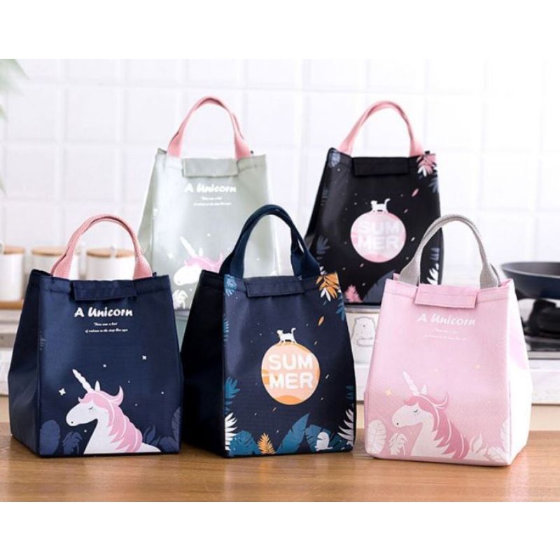 IMPORT Lunch Bag Tas Bekal Makan Makanan Goodie Bag Souvenir Ultah Anak Kantor Unicorn Pink Biru Nav