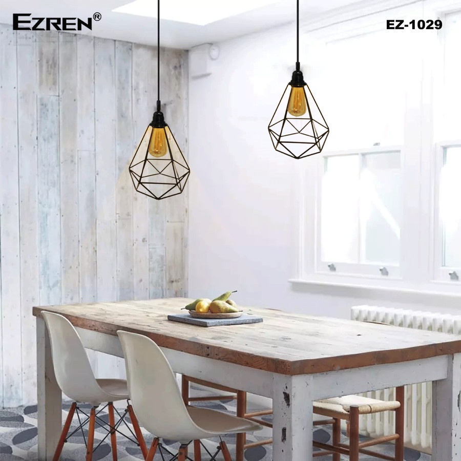 Ezren EZ-1029 Lampu Gantungan Diamond Kandang Loteng Retro Besi Hitam